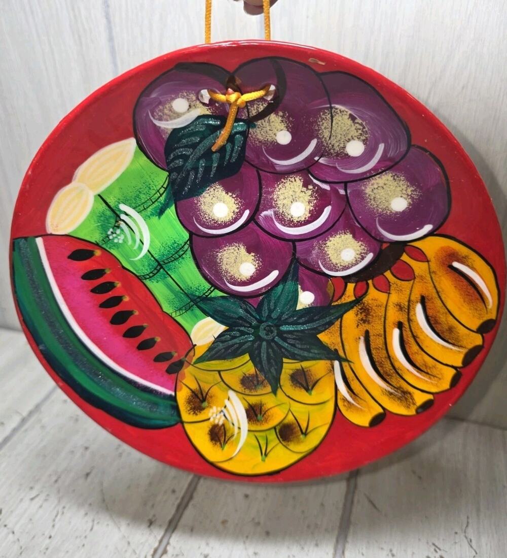 Vtg Mexican Hand Painted Footed Pottery Plate Fruit Colorful Folk Art Boho 8”